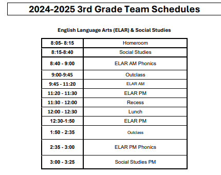 2024-2025 3rd Grade Team Schedules